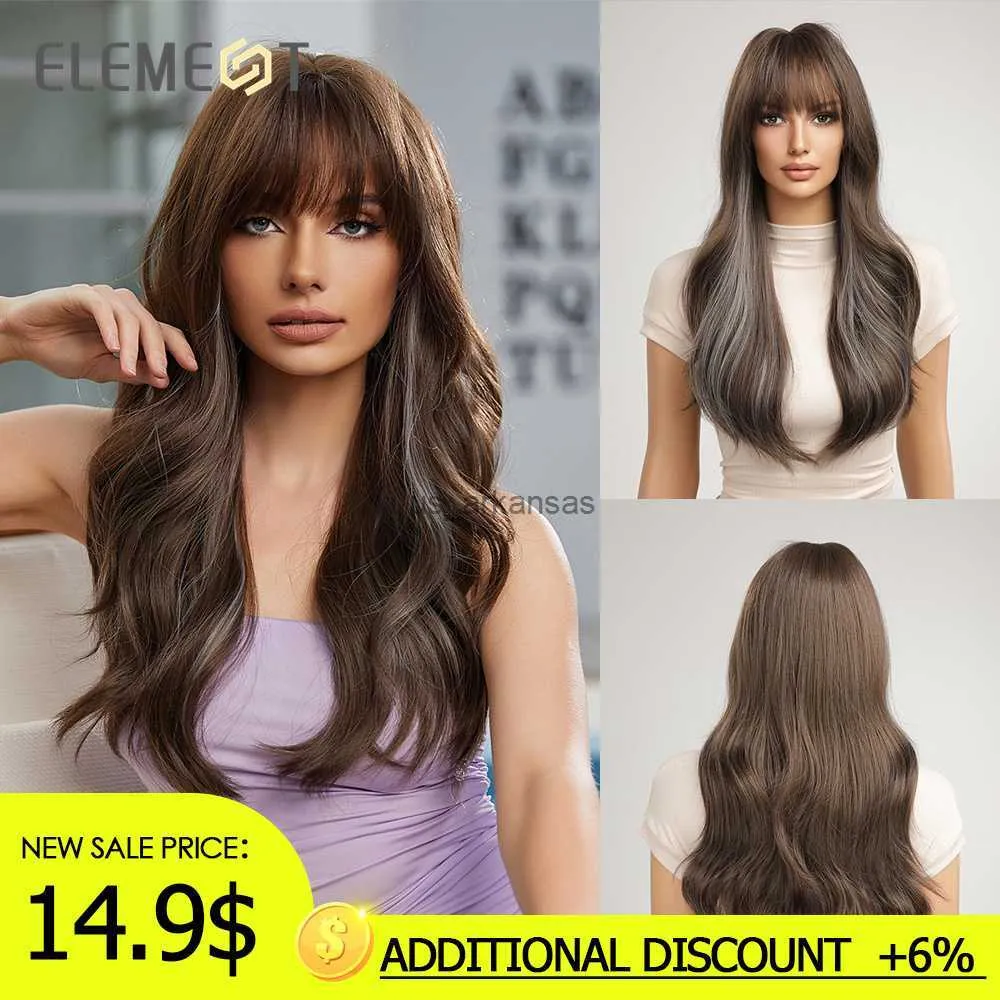 Synthetic Wigs Element Natural Elegant Long Body Curly Synthetic Wig Ombre Brown Mixed Blue with Bangs Wigs for Women Daily Heat Resistant HKD230818