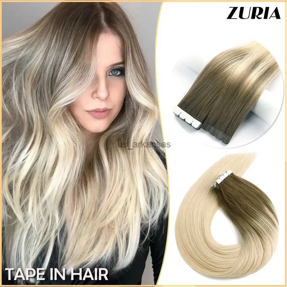 Synthetic Wigs ZURIA Straight Hair Mini Tape In Human Hair Invisible Skin Weft Adhesive 12/16/20" 100% Natural Real Wigs For Women HKD230818