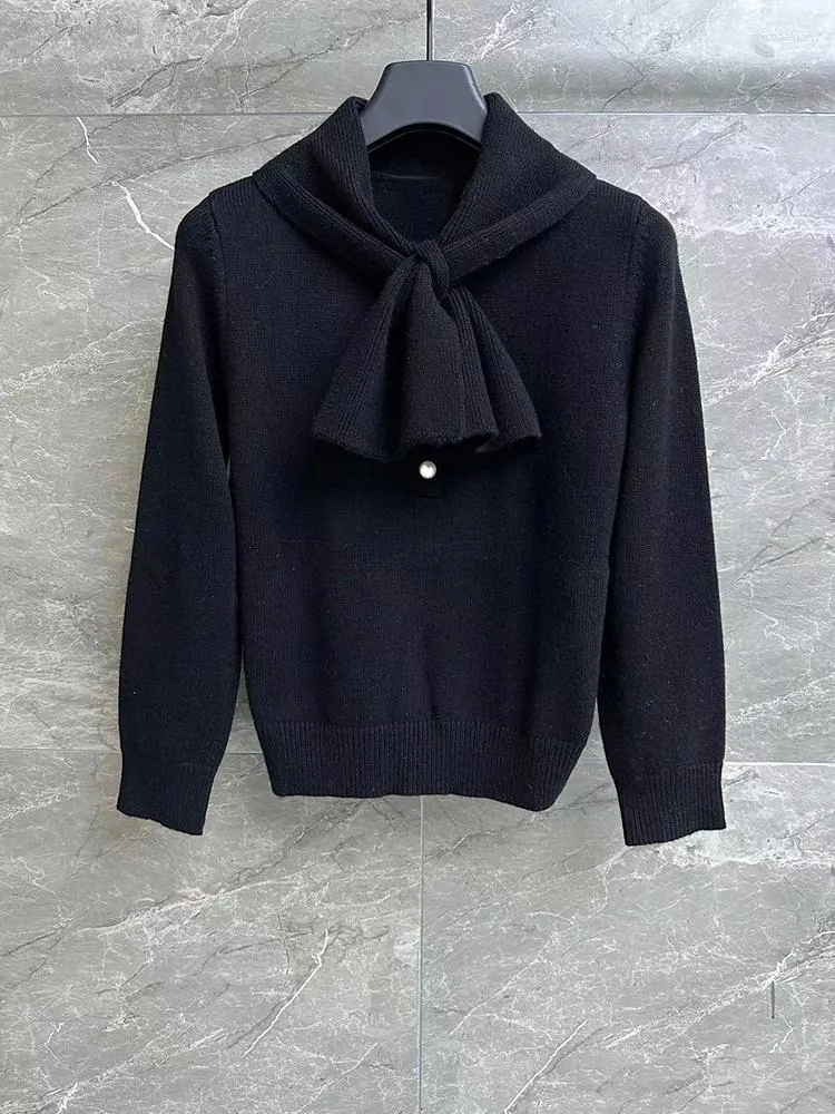 Kvinnors tröjor Fashion Högkvalitet Wrap Bow Collar Design Cashmere Stick Sweater For Women 2023 Button O-Neck Wrist Hleeve Jumper Lady