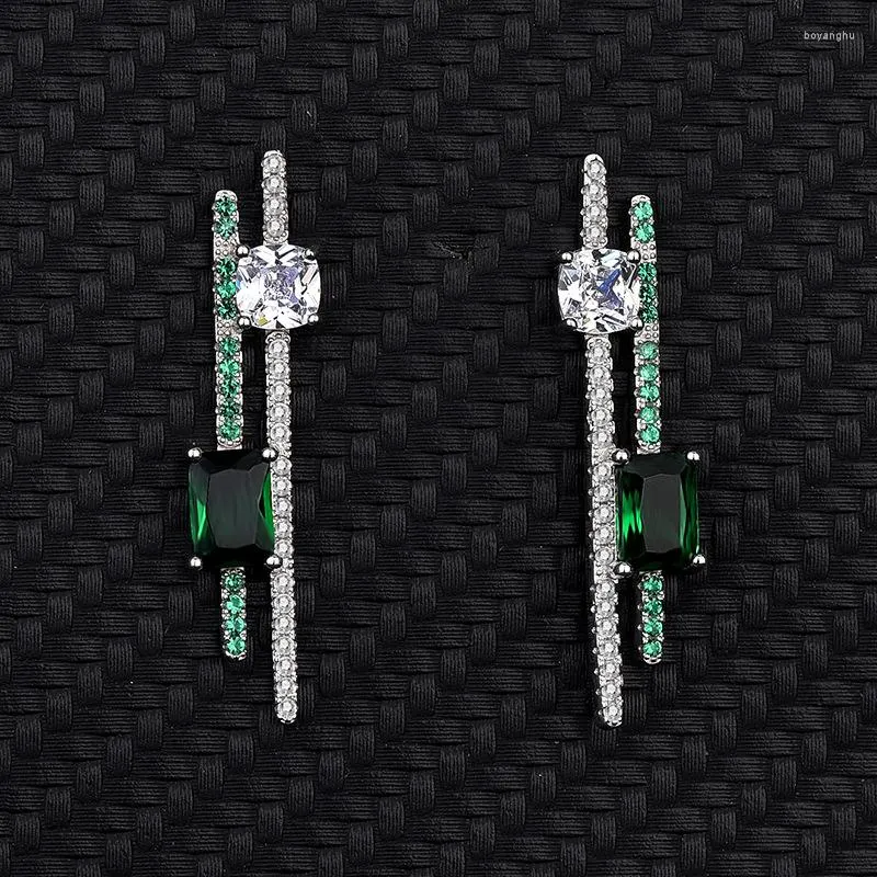 Stud -oorbellen Solid 925 Sterling Silver Diamond Bamboo Emerald Green Square Cubic Zirconia Wedding Earring Vrouwen bruidsfijne sieraden