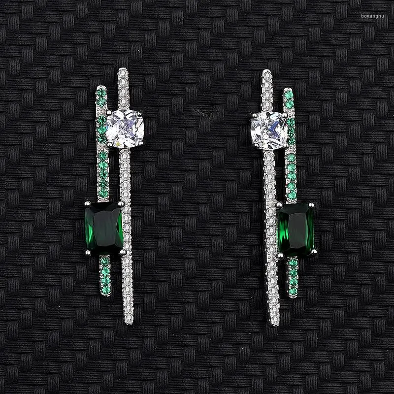 Studörhängen solid 925 Sterling Silver Diamond Bamboo Emerald Green Square Cubic Zirconia Wedding Earring Women Brud Fine SMEEXKE