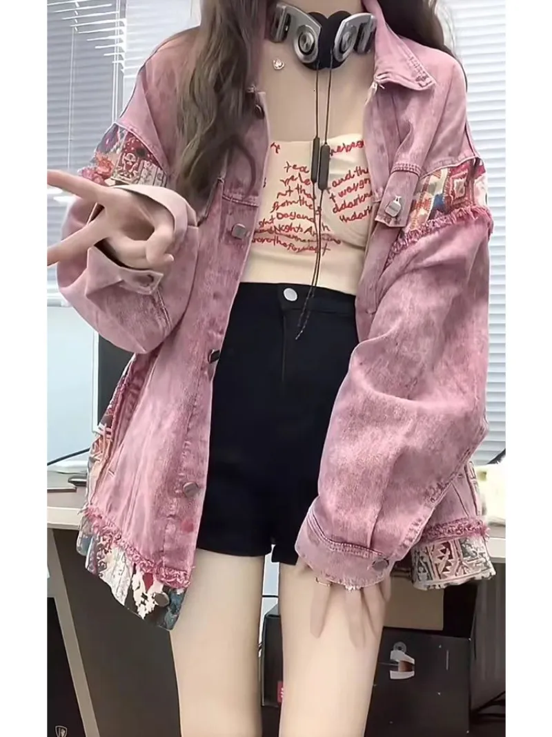 Womens Jackets Vintage sweet cool pink patchwork denim coat female students spring and fall loose white jacket top 230817