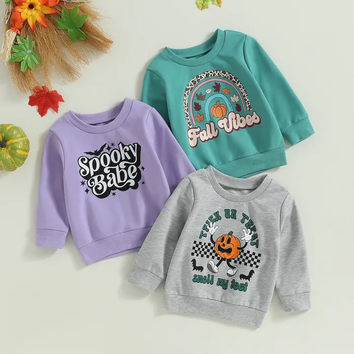 T-shirts FOCUSNORM 0 4Y Automne Enfants Garçons Filles Sweat T-shirts À Manches Longues Citrouille Lettres Imprimer Pull Halloween Vêtements 230818