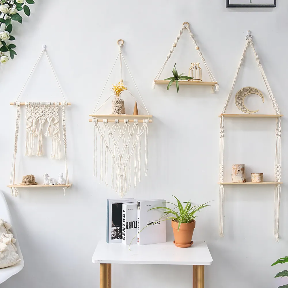 Nowate przedmioty MacRAme Wall wisząca półka boho wystrój domu Półki na ścianie Decoracja drewna do sypialni do salonu pokoju dziecinny Christamas prezent 230818