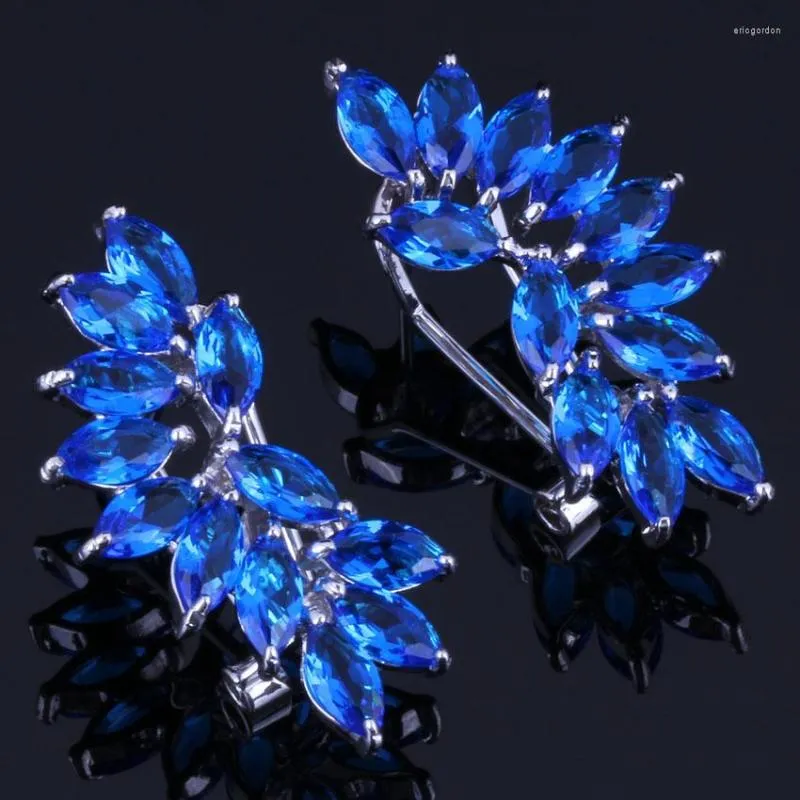 Backs Earrings Brilliant Ear Shaped Blue Cubic Zirconia Silver Plated Clip Hoop Huggie V0889