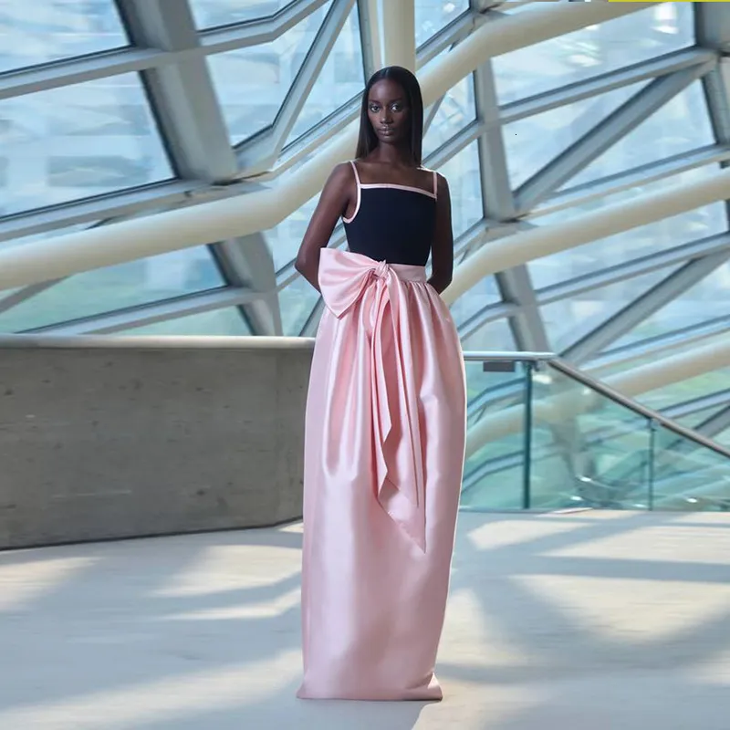 Skirts Pink Satin Long Skirt Floor Length Maxi Saias Bow Ribbon Wedding Guest Party Gowns Black Girls Formal Wear 230817