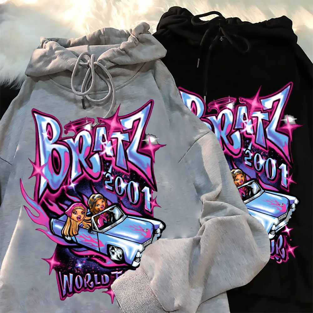 Sweats à capuche masculine Sweatshirts Bratz Letter Sweatshirts pour femmes Tops noirs décontractés Harajuku Fashion Hooded Streetwear Graphique à manches longues Kpop Clothes 230817