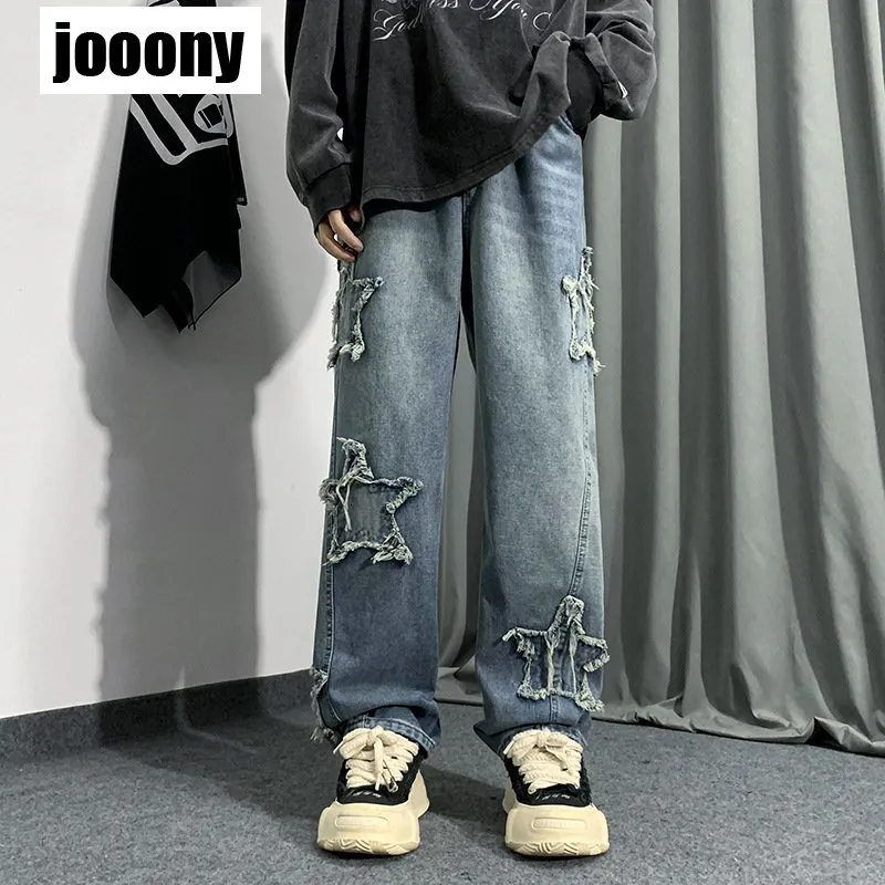 Mens Jeans Y2K Aesthetic Fashion Hip Hop Pentagram Spring Autumn Hong Kong Style Ins Loose rak Wide Ben Long Pants 230817