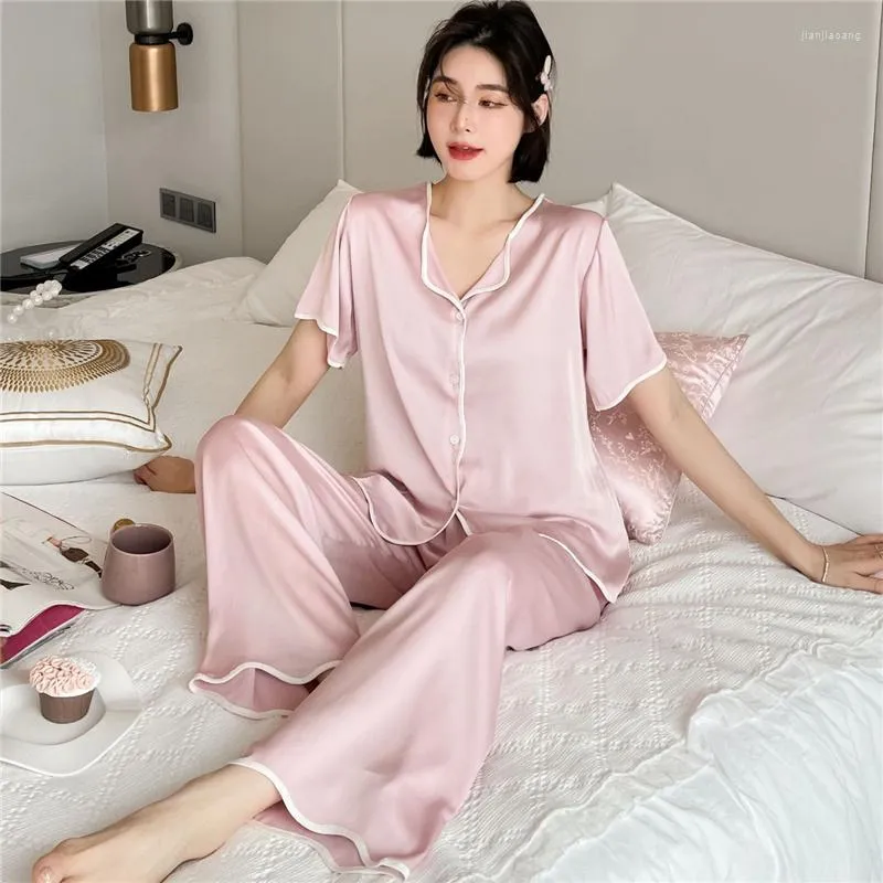 Frauen Nachtwäsche Rüschendame Kurzarm Pyjamassanzug mit Knöpfen Nachtwäsche Satin Ice Seide 2pcs Hemdpanzer Dünne lässige Lounge -Weife