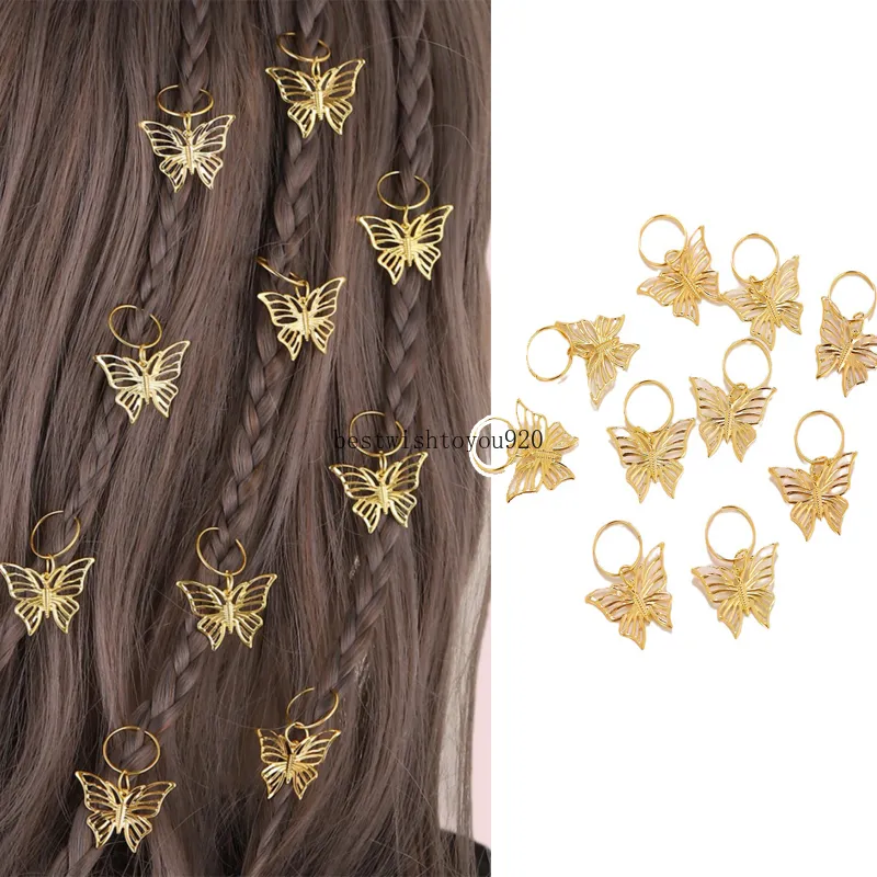 10st Gold Color Metal Butterfly Braid Dread Dreadlock Hair Rings for Women Hair Cuffs Headwear Hairclip Diy Jewelry Accessories