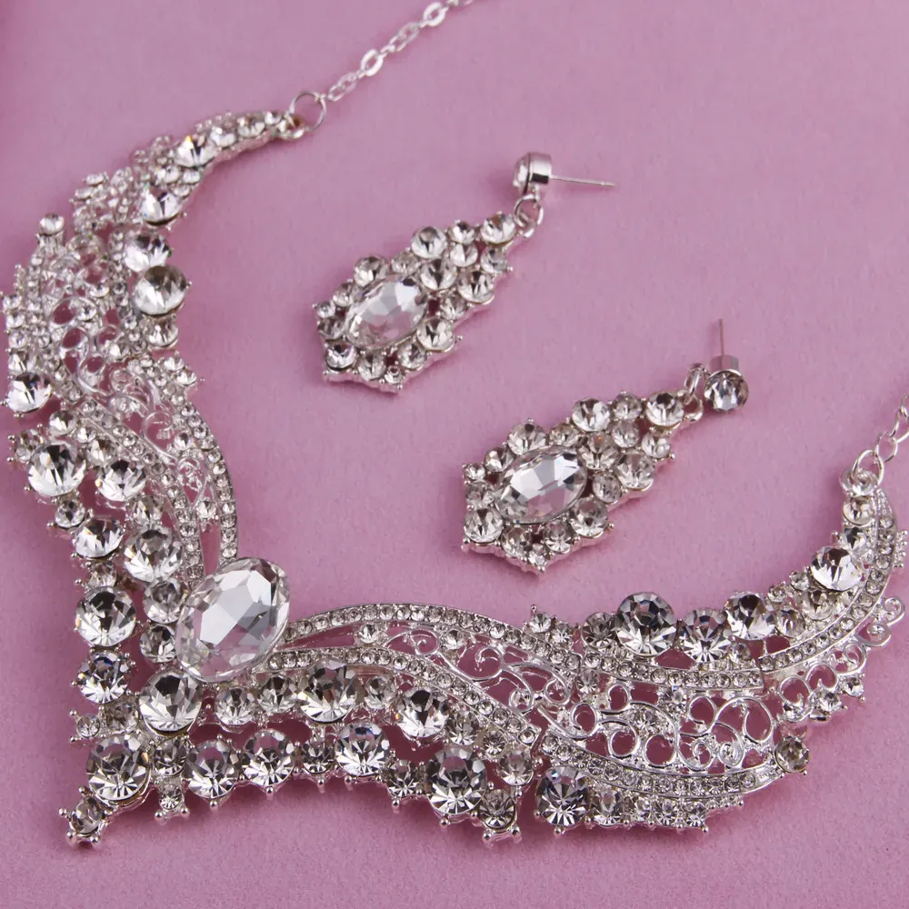  Bridal Wedding Jewelry Sets Silver Color Rhinestone Women Earrings Necklace Sets Engagement Jewelry for Bride