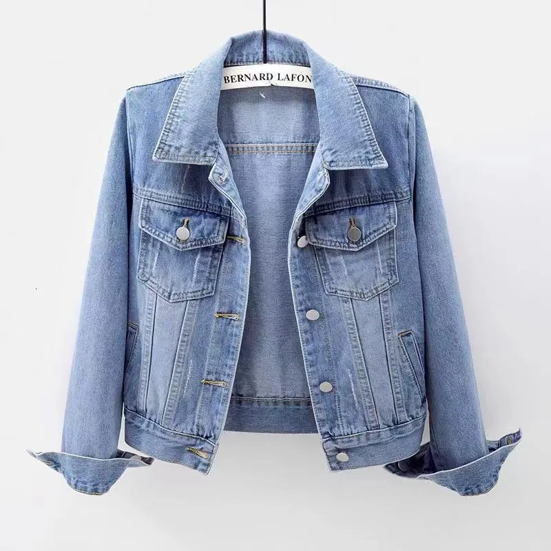 Kvinnors jackor vår sommar full ärmar solida kvinnor krage nödställda kappa damer tvättade beskurna denimjacka flicka rippade jean cardigan topp 230817