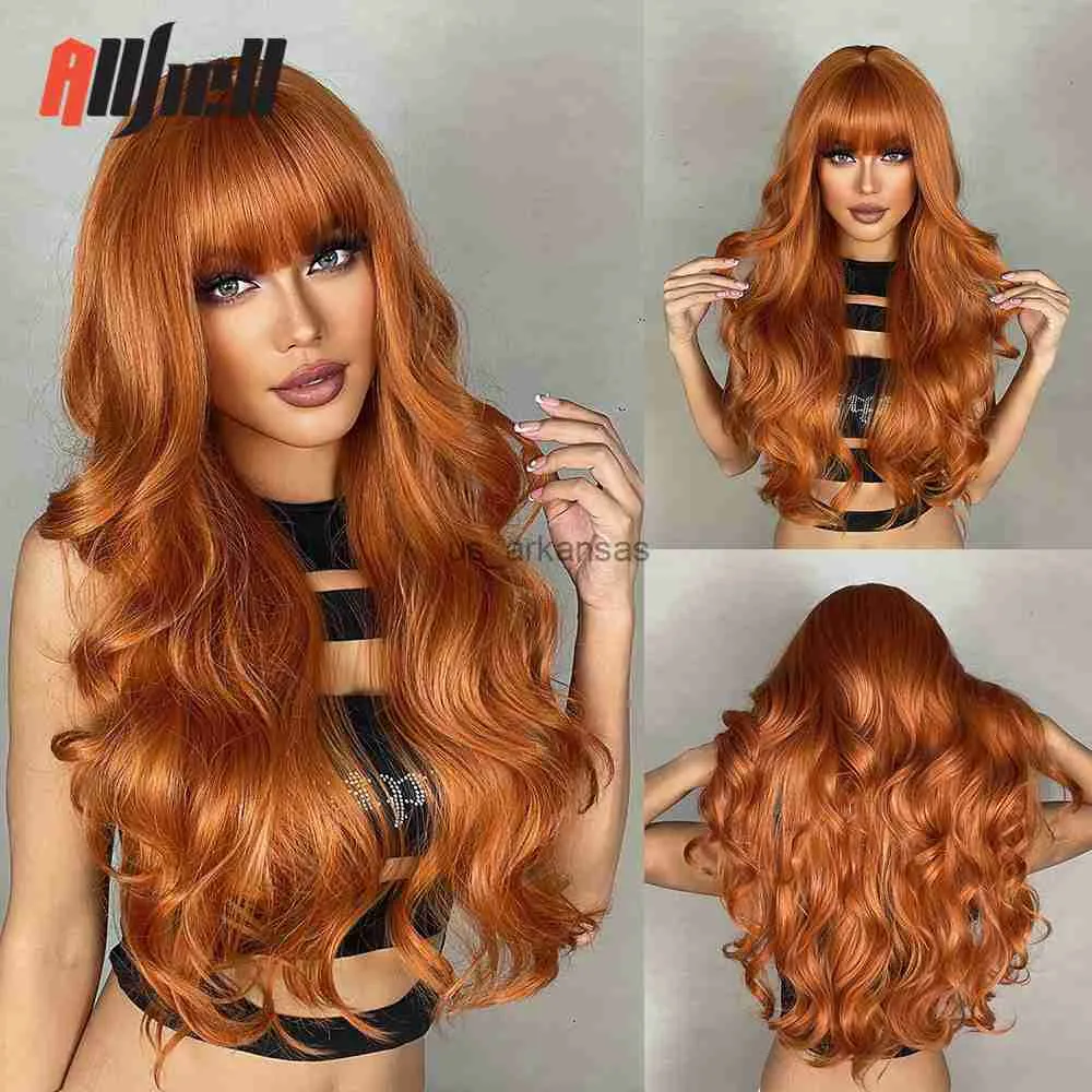 Synthetic Wigs Synthetic Wigs for Women Ginger Orange Long Wavy Wigs with Bangs Heat Resistat Natural Wave Cosplay Party Hair HKD230818