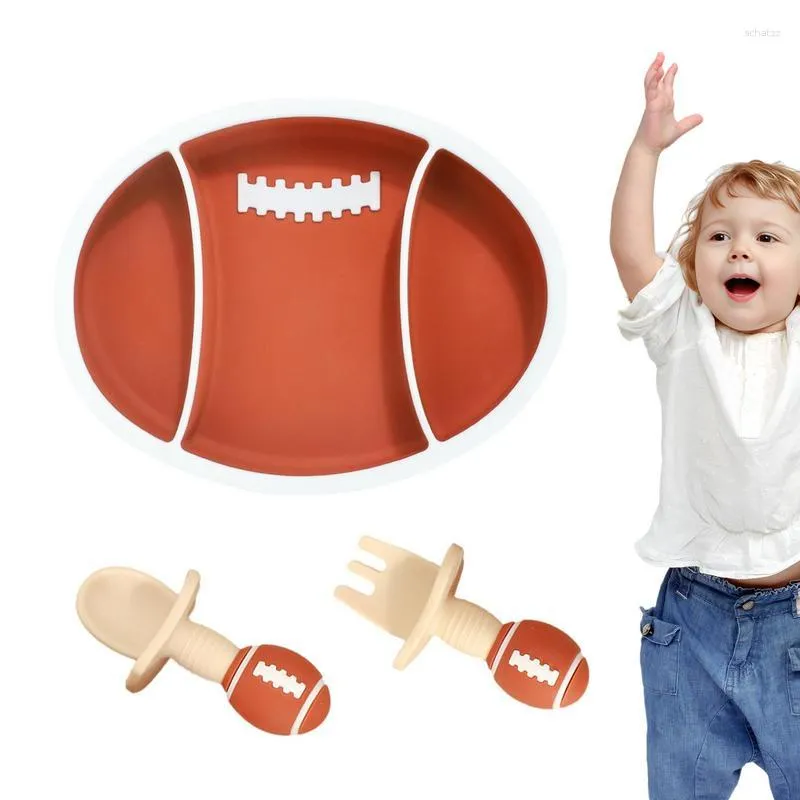 Ensemble de vaisselle en silicone Toddler Plate de rugby Forme de balle de rugby divisée d'alimentation d'alimentation