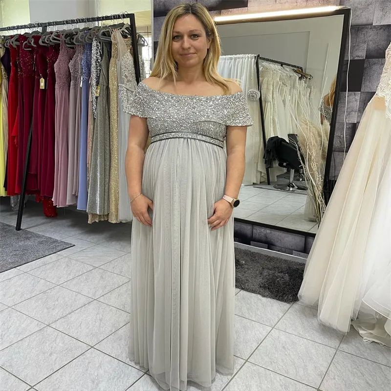 silver sparkly maternity dress Tiffany Rose Mia Maternity Gown Silver
