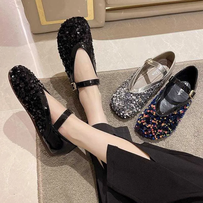 Sandals Shiny Sequin Ankle Strap Flats Women Fashion Round Toe Mary Jane Shoes Woman Spring Silver Non-slip Casual 230417