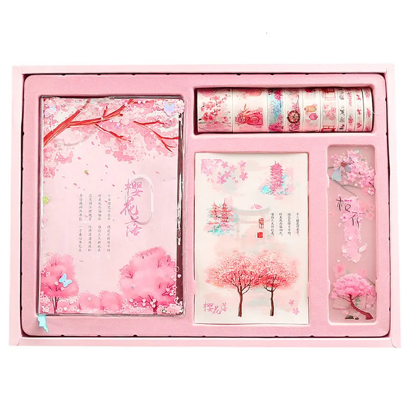 Blocs de notas Creative Sakura Series Notebook Gift Box Set de papelería Kawaii Pink Diary Book Journals Agenda Planner Washi Tape Exquisite 230818