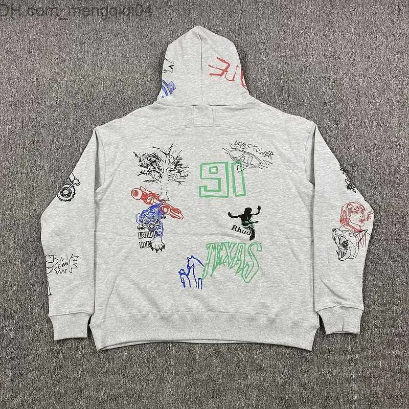 Men s Hoodies Sweatshirts Rhude Doodle Hoodie Owner Hand painted Graffiti Street Men s and Women s Hoodies Autumn and Winter Z230818