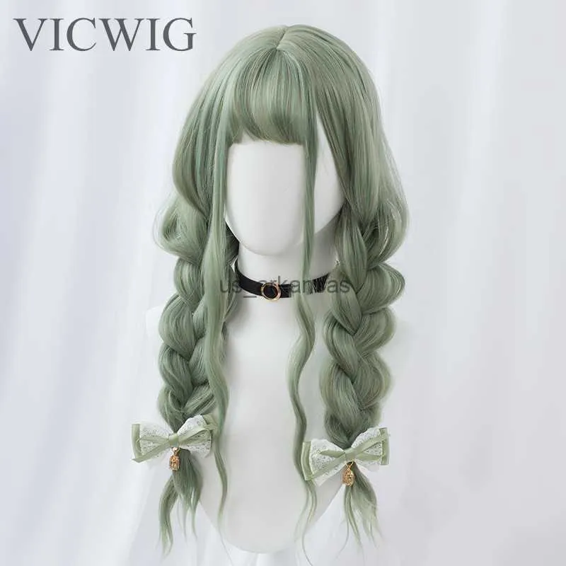 Perruques synthétiques VICWIG cheveux synthétiques longs ondulés violet vert noir bleu marron Cosplay perruque avec frange pour femmes HKD230818