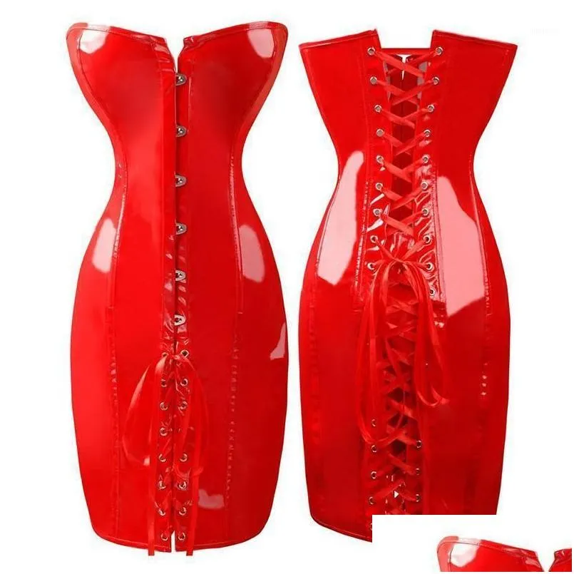 Bustiers Corsets Gothic Womens Sexy Wetlook PVC Faux Leather Corset Plord Длиное черное красное тело тонкое излишние латексные котлеты D Dhamp