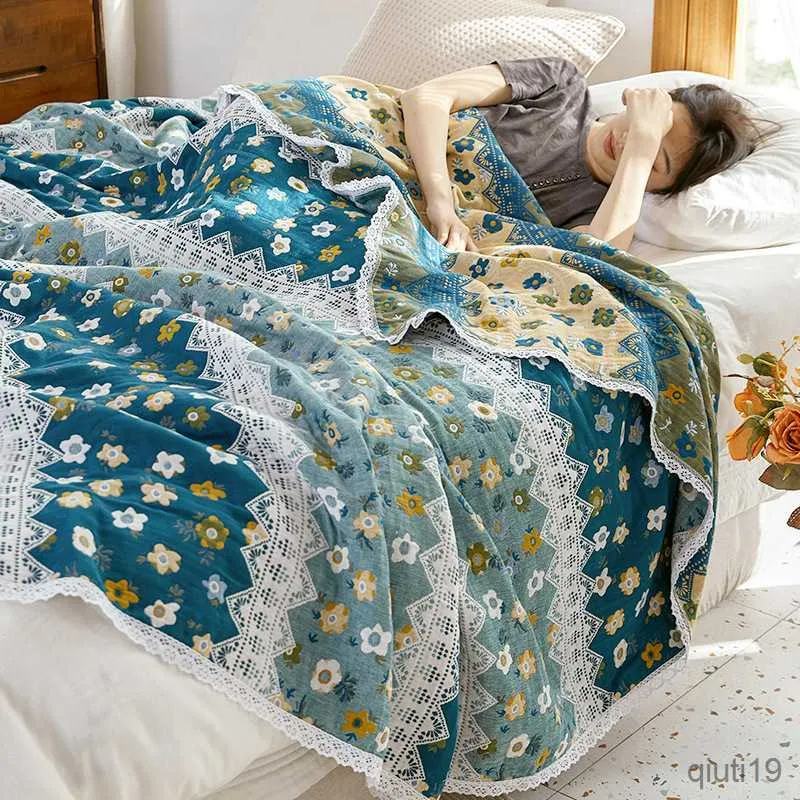 Blankets Cotton Gauze Soft Blanket Sofa Breathable Summer Cool Quilt Towel Four Seasons Fresh Flowers Adult Bed Thin Blanket R230819