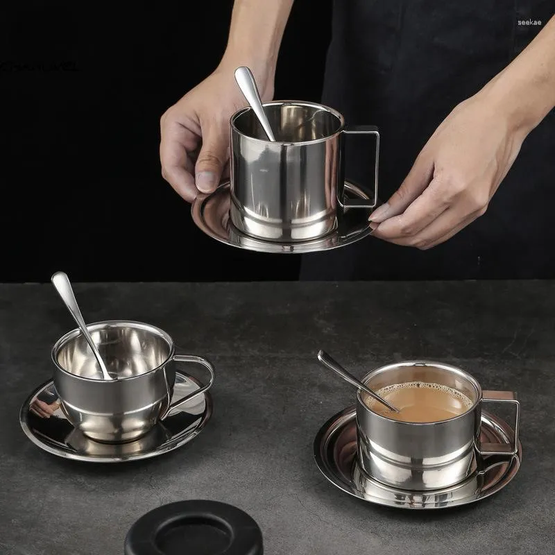 Kubki kawy kawy ze stali nierdzewnej Ustaw dwupokładowe izolację termiczną Mleko herbaciane z łyżką macie