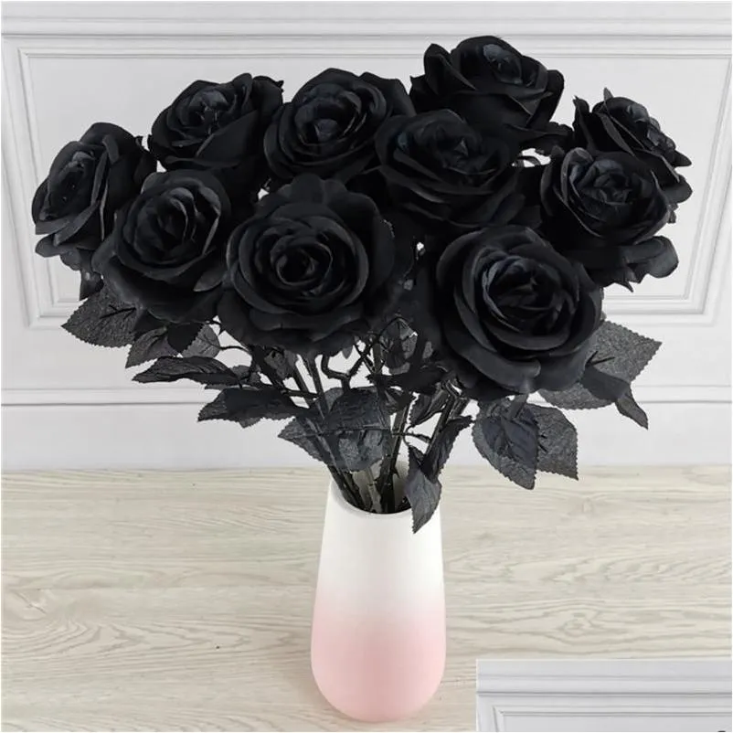 Dekorativa blommor kransar svart konstgjord siden rose bukett halloween 10 st/parti gotiska växter för festdekor droppleverans hem ga dhvuy