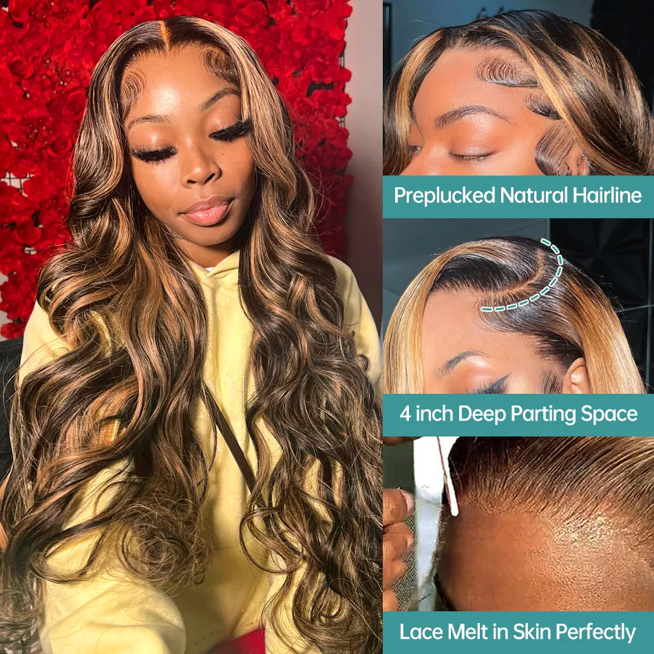 Highlight Perruque Cheveux Humains 13x4 Dentelle Frontale Perruque Colorée Perruques de Cheveux Humains Péruviens pour Femmes 30 Pouces Honey Blonde Body Wave Lace Front Wig