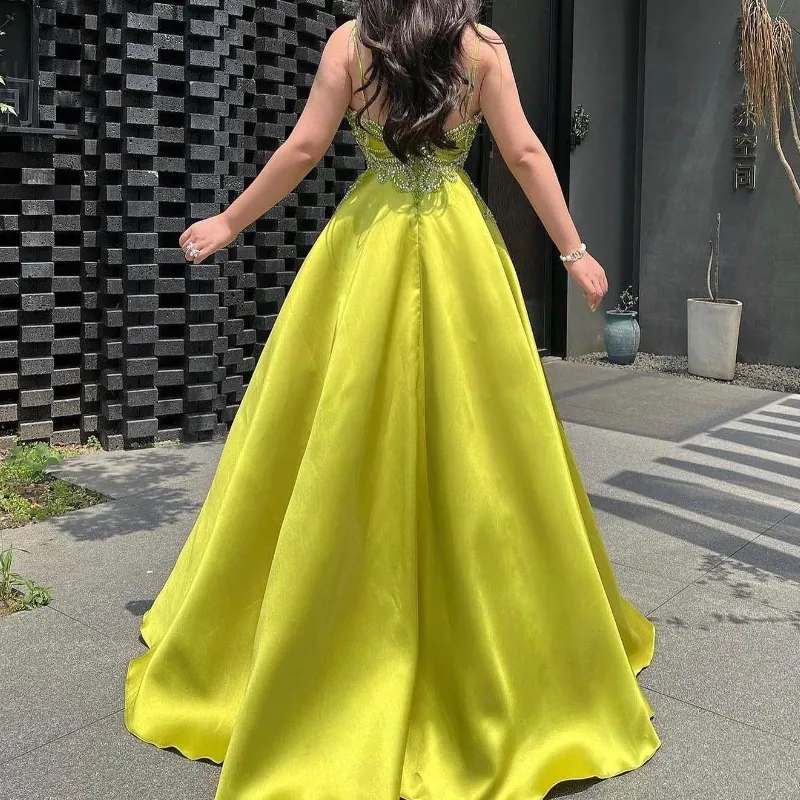 Vestido de noche verde fluorescente de Dub i de lujo l nea A tirantes finos cuentas sin mangas vestidos de graduaci n de cristal para mujer