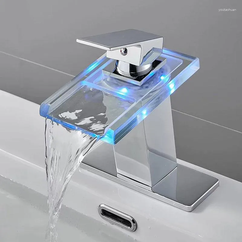 Bathroom Sink Faucets Faucet Glass Basin Mixer Water Tap LED Luminous Color Changing Hydro Power Black Waterfall Stainless Steel