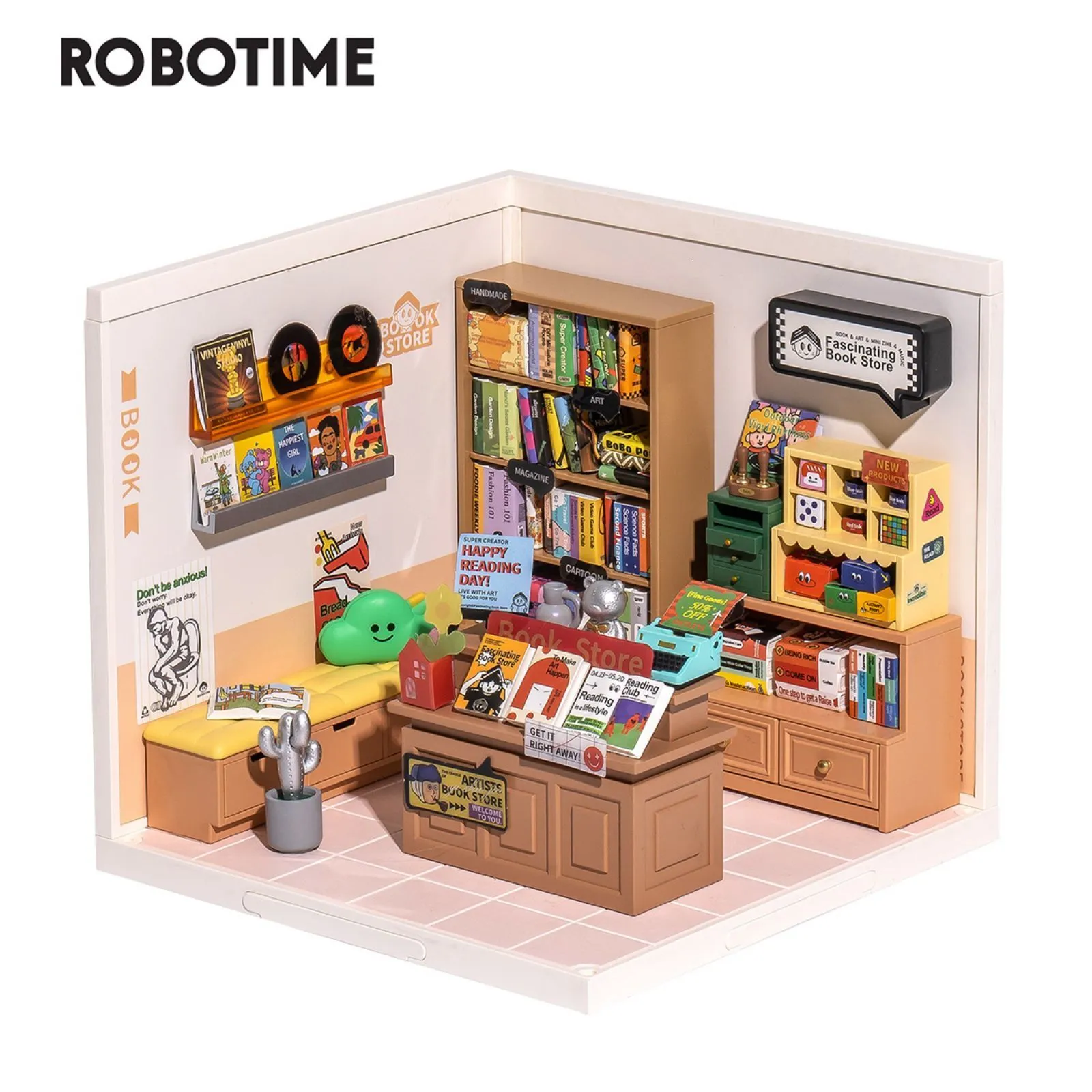 Architectuur Diy House Robotime Rolife 3D Plastic Puzzle Mini Doll Fascinerende boek Store Diy Miniature Kit 230818