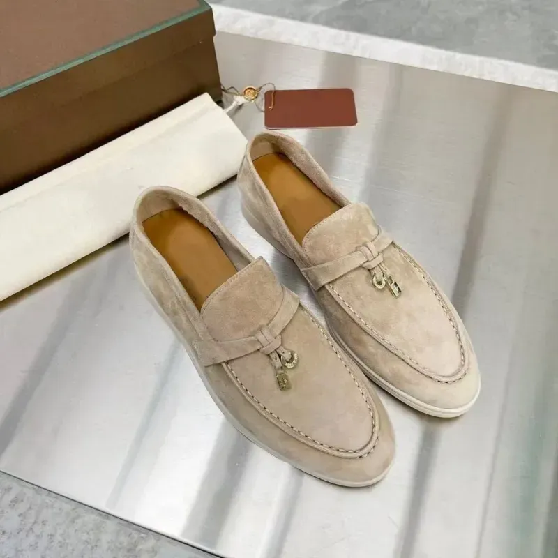 Scarpe firmate, abiti, scarpe, bottoni in metallo di pelle di cervo di alta qualità in cashmere, bottoni LP, punte circolari, tacchi piatti, scarpe da donna casual e comode per tutte le stagioni