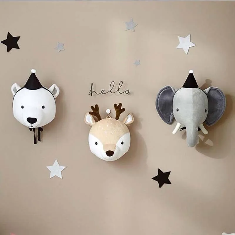 Plush Wall Stuff Kids Room Plush Toys 3D Animal Heads Decoration Elephant Deer Unicorn Wall Hanging Decor For Baby Girls Nursery Room Decoration 230818