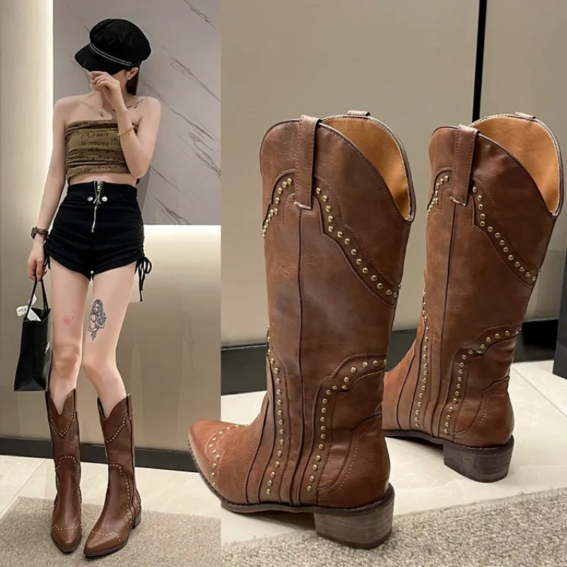 Bottes rétro Rivet mi-mollet Cowboy pour femmes 2023 automne y talons Western femme sans lacet bout pointu Cowgirl Boras 230818