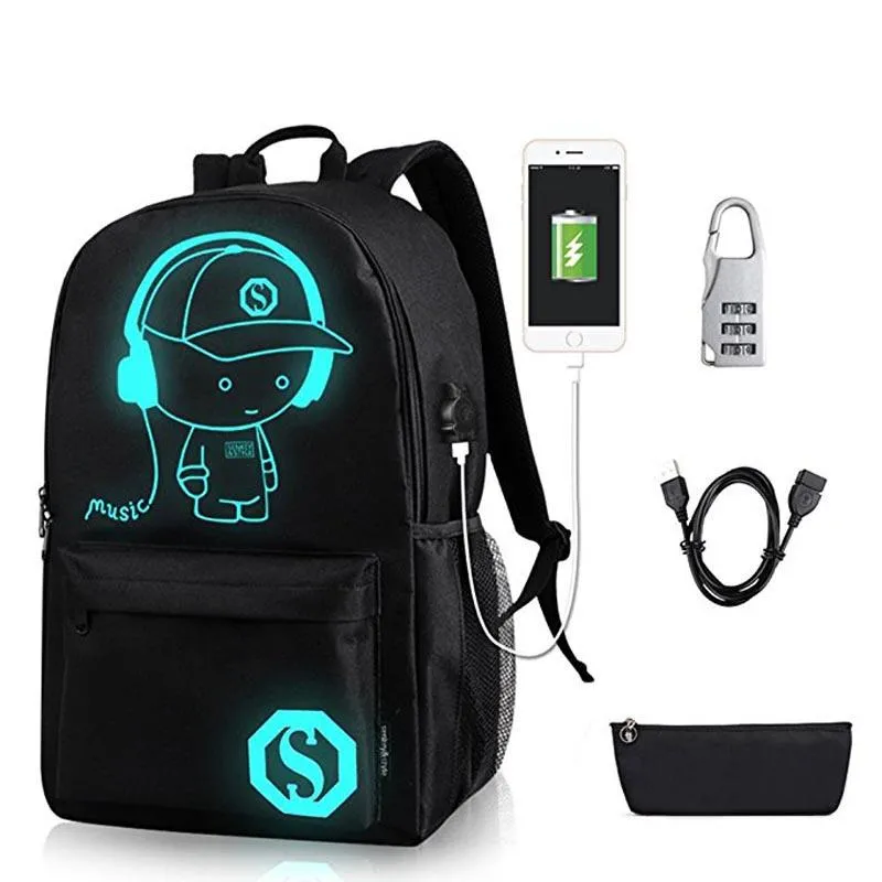 Tassen Anime Luminous Student School Bag School Backpack voor Boy Girl Daypack Multifunction USB -oplaadhaven en Lock School Bag Black