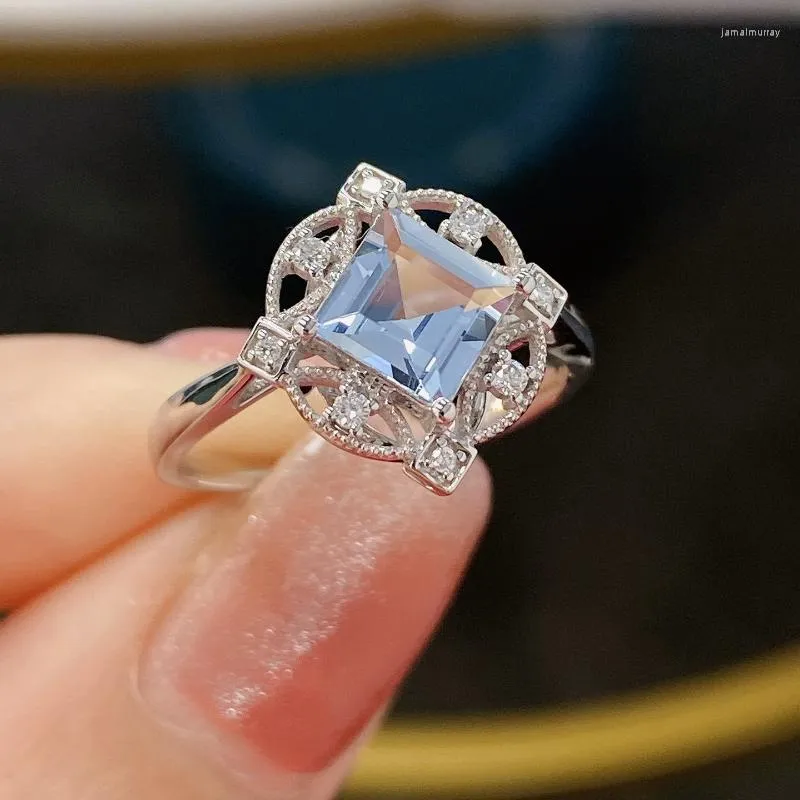 Anéis de casamento lindos temperamentos quadrados incrustados mare azul cúbico zircônia jóias delicadas de noivado de moda