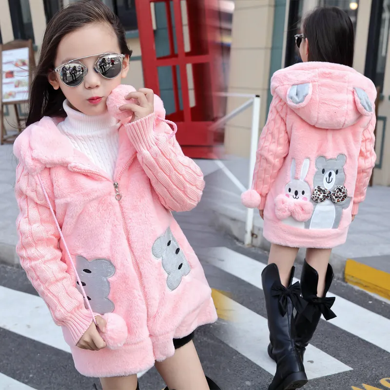 Jackets Herbst Winter Girls Jacke süßer Kaninchenbär Halten Sie warme kleine Prinzessin Plüsch Kapuze -Reißverschluss Pullover 3 12 Jahre Kinder Kleidung 230818