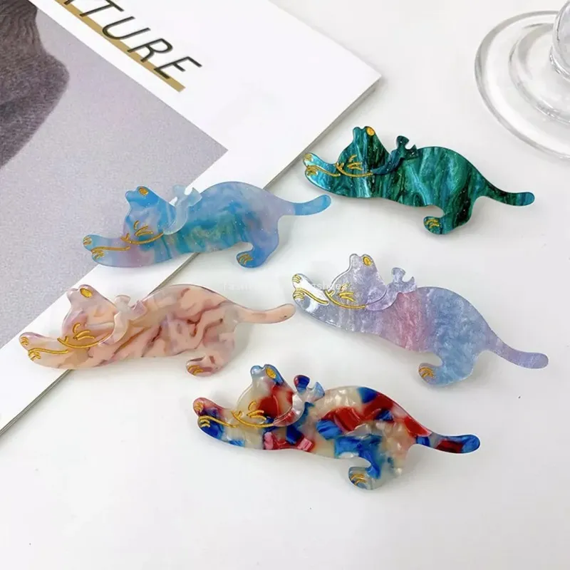 Ny söt Cartoon Cat Hairpin Ribbon Acetate Fiber Hair Clips Bangs Duckbill Clip for Womans Girls Fashion Barrettes Hårtillbehör