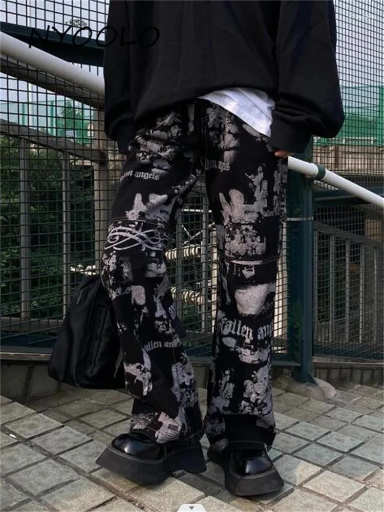 Jeans femme NYOOLO Harajuku Streetwear Gothique Graffti Lettres Imprimer Droite Femmes Vintage Hip Hop Jambe Large Lavé Denim Baggy Pantalon