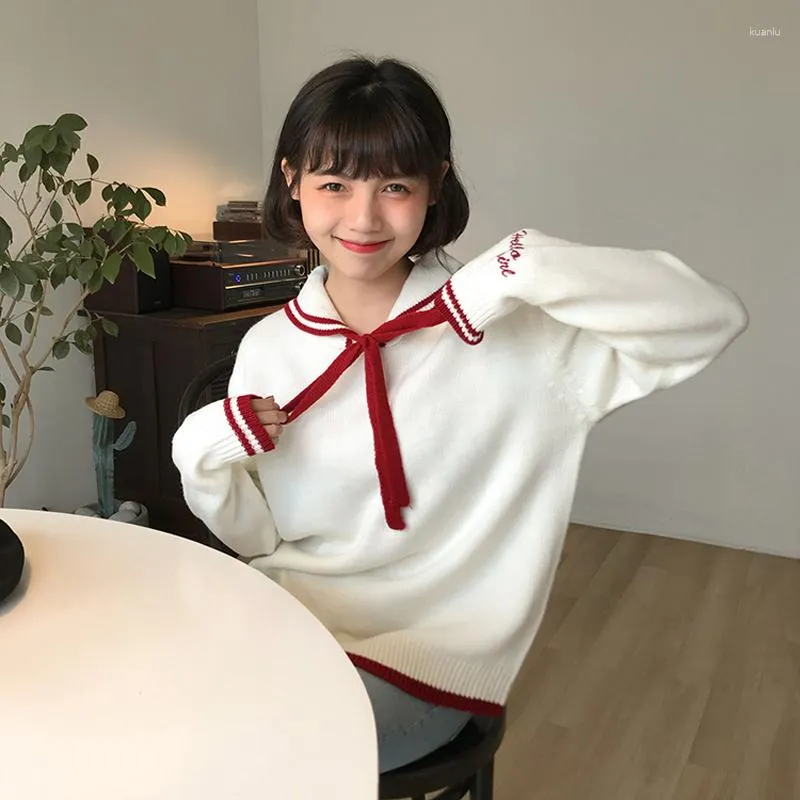 女性用セーター甘い日本スタイルkawaiiセーラー襟ジャンパーインディーレースアップ長袖のセーター女性かわいい学生秋の冬のプルオーバー