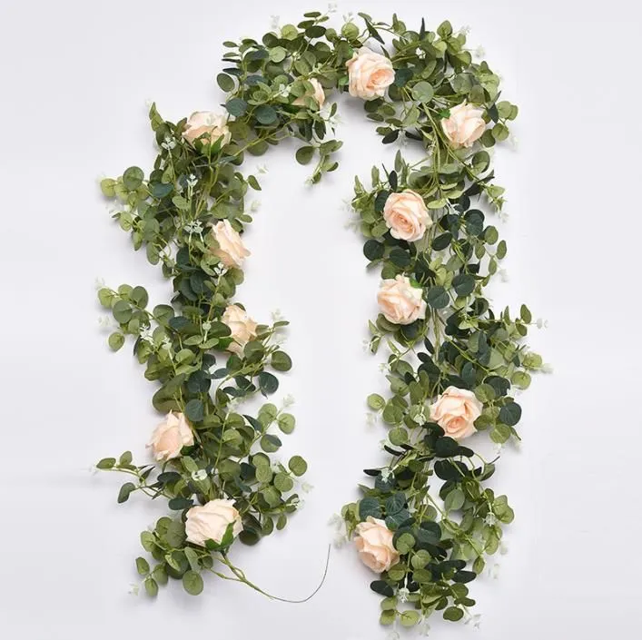 200cm wedding decorations Artificial Plant Flowers Eucalyptus Garland With White Roses Greenery Leaves Backdrop Party Wall Table Decor