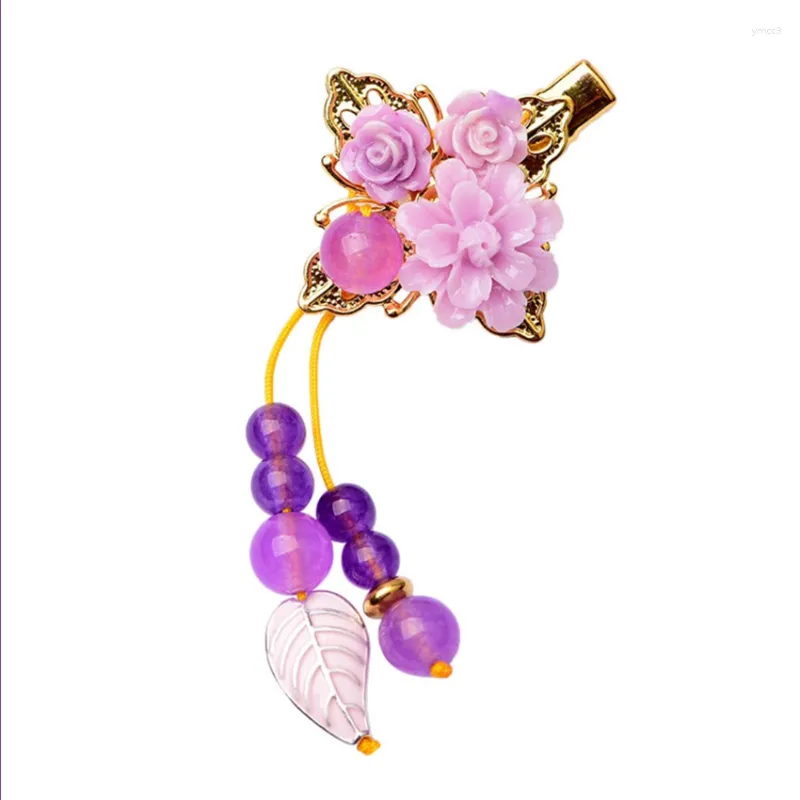 Hair Clips Ethnic Style Light Yellow Gold Color Synthetic Flower With Purple Quartz Beads Jewelry For Women Gift