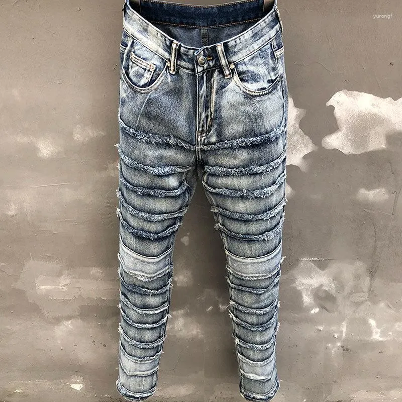 Mäns jeans högkvalitativt lapptäcke manligt rippat hål design stretchy jean fall blå hiphop stil byxor för män pantalon vaqueros hombre