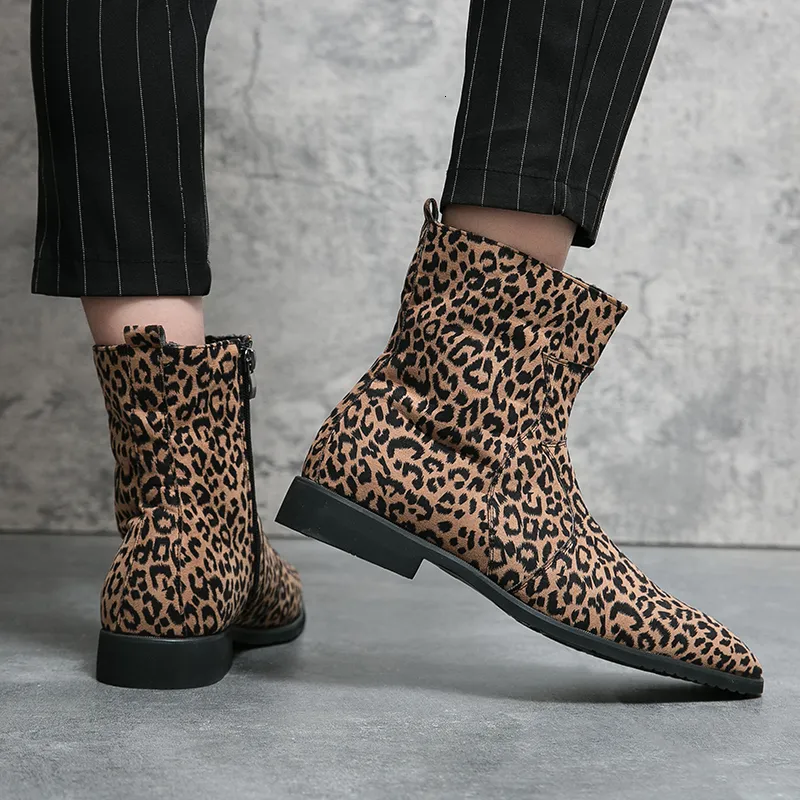 Winter Men s Leopard Print Flats Fashionable Platform Chelsea Boots for Leisure
