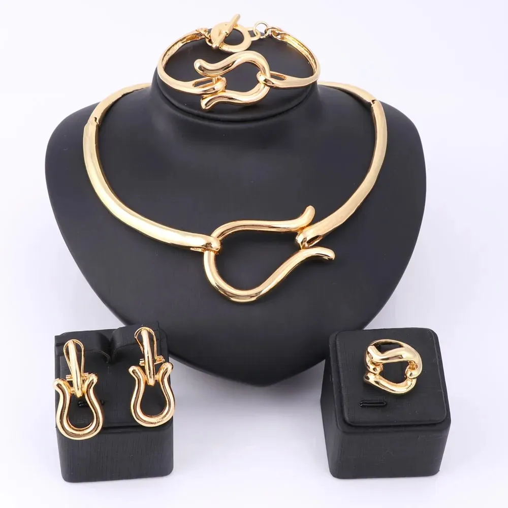 Vintage Retro Nigerian Elegant Gold Silver Plated Necklace Earrings Ring Bracelet Bridal Jewelry Sets For Women Wedding Party