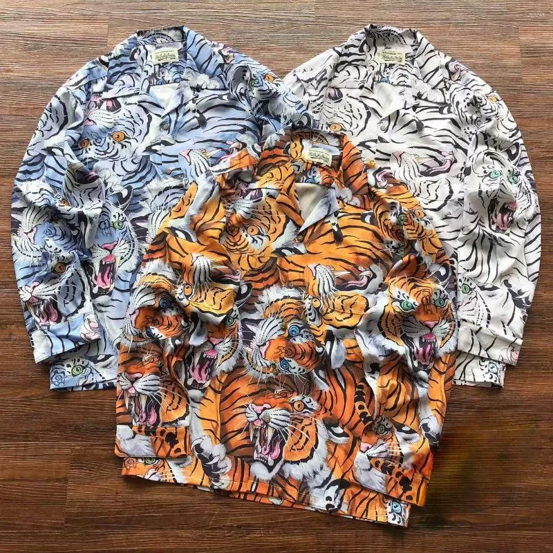 Camisas casuales para hombres Patrón de tigre de verano WACKO MARIA Hombres Mujeres Botones hawaianos de manga larga