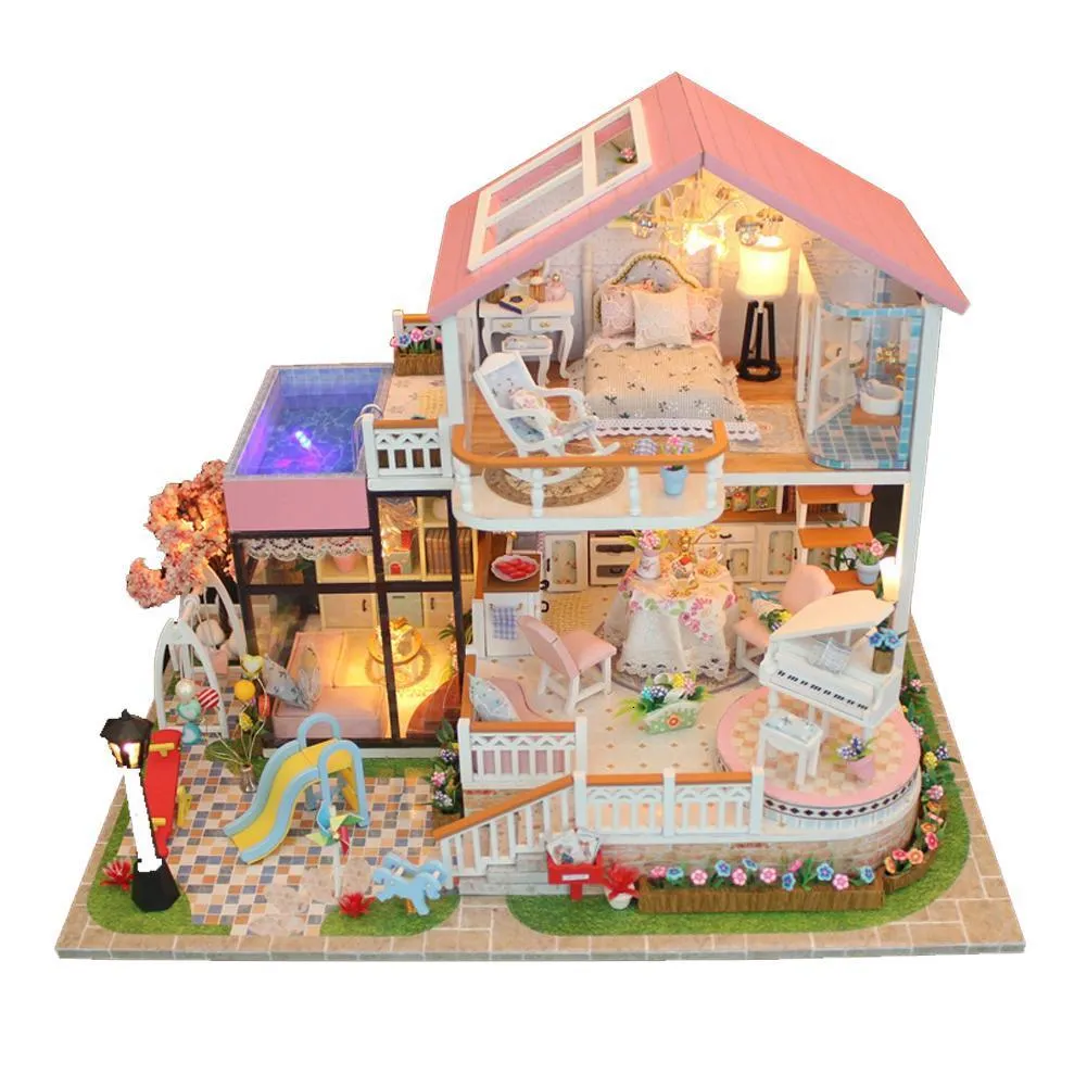 Doll House Accessories LED Light Doll House Miniature DIY Dollhouse Handmad Wooden Furnitures Pretend Play House Toy For Children Birthday Gift 230818