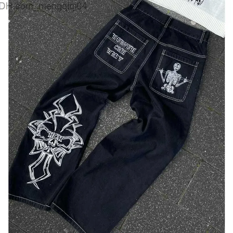 Pantalons pour hommes Y2k Hommes Noir Vintage Skull Demon Wash Jeans pour hommes Street Sales Bag Jeans Hip Hop pour femmes Taille élastique Pantalon noir Z230819