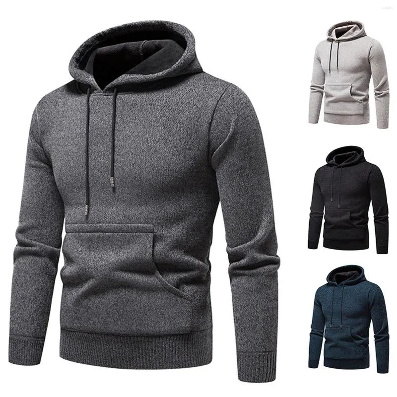 Herrtröjor Öppna tofflor Mens Autumn and Winter Soild Hooded Collar Warm Cardigan Sticked Coat Hoodie