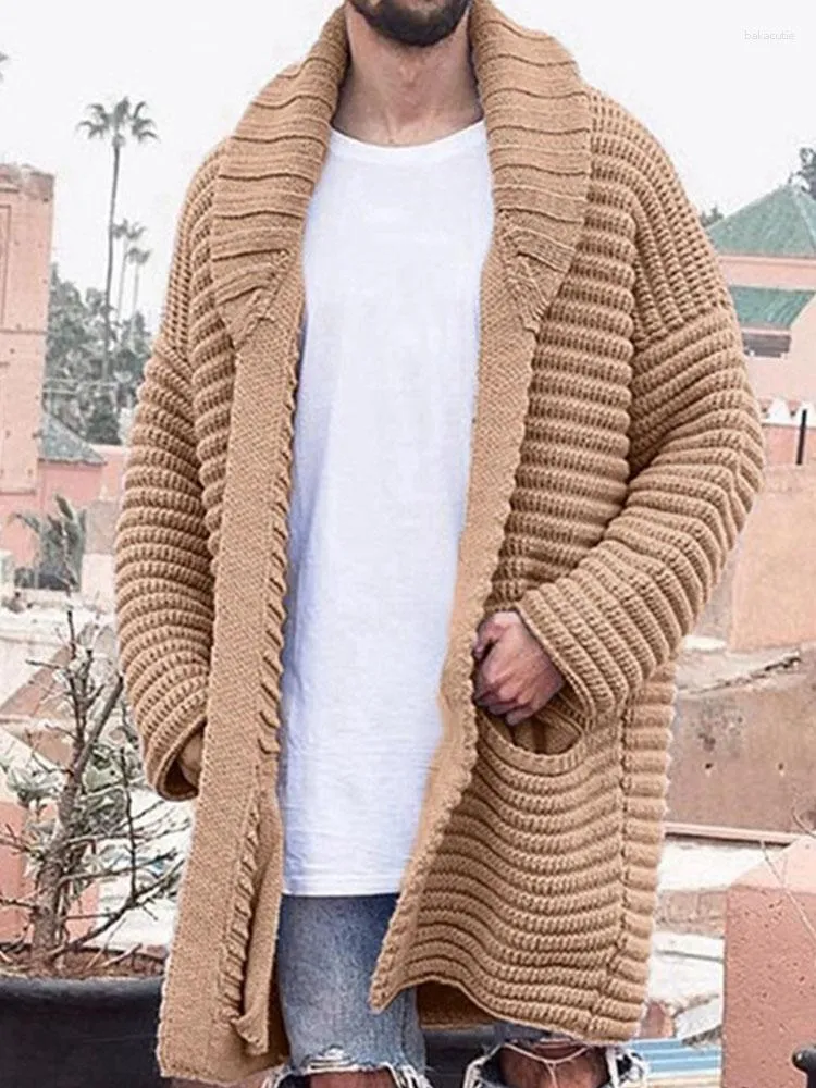 Men's Sweaters Mid-length Open Front Cardigan - Turn-down Collar Long Sleeve Knit Sweater Jacket